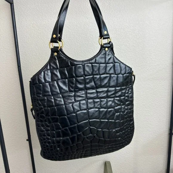 Vintage YSL Saint Laurent Black Patent Leather Croc Stitched Tribute Flat Tote
